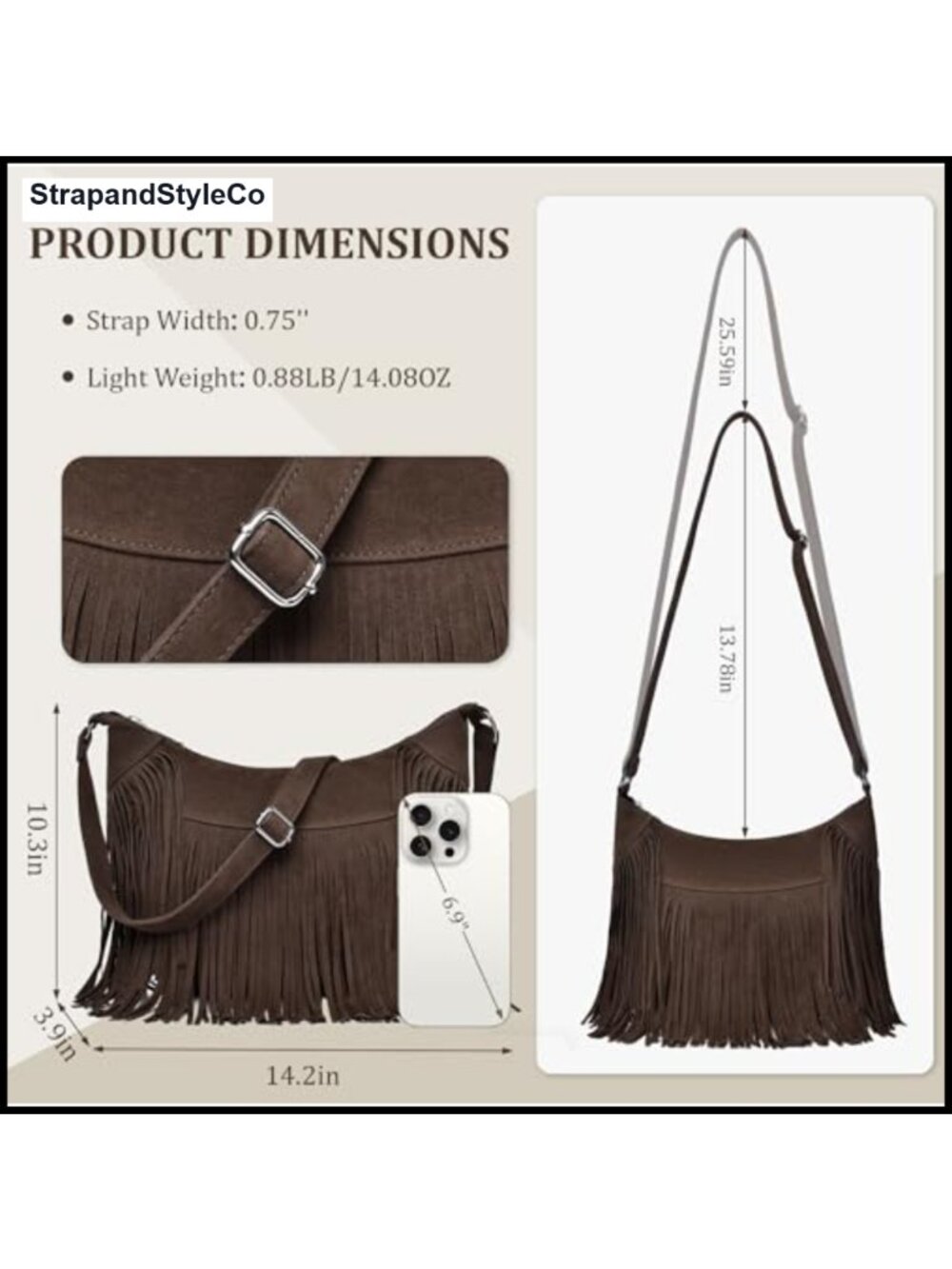 Fringe Hobo Crossbody Shoulder Bag Vintage Vegan Suede Purse - Picture 3 of 6